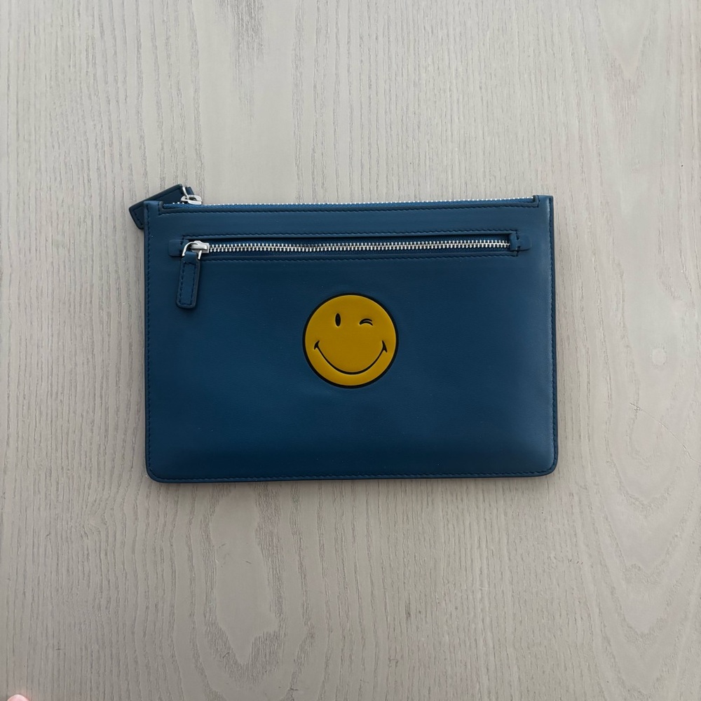Anya Hindmarch Authentic and UNUSED Blue Leather Smiley Face Clutch (NWOT)
